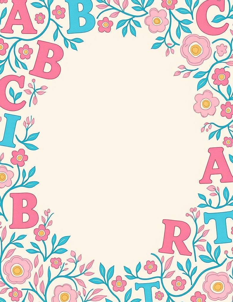 Pink Teal Alphabet Floral Border Rug