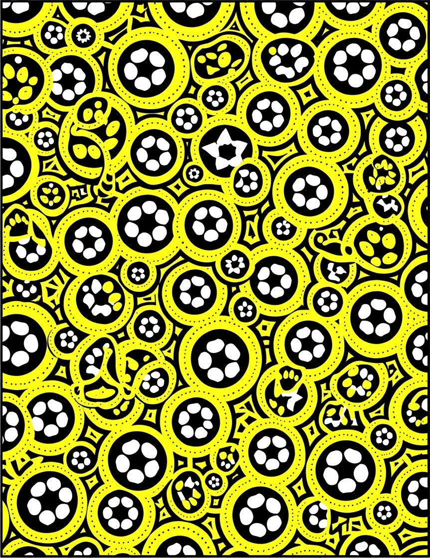 Bright Yellow Circular Soccer Ball Collage Rug