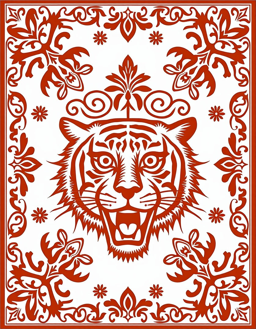 Crimson Roaring Tiger Floral Frame Rug