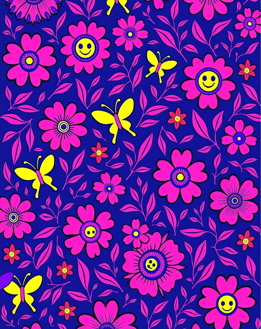 Pink Smiley Flower Yellow Butterfly Garden Rug