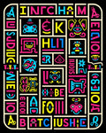 Bold Neon Alphabet Characters Collage Rug