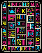 Bold Neon Alphabet Characters Collage Rug