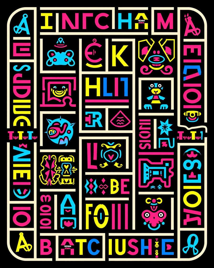 Bold Neon Alphabet Characters Collage Rug