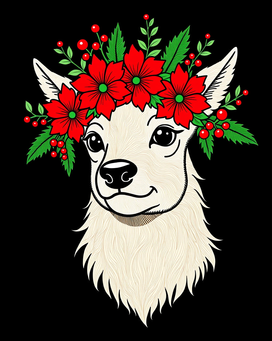 Floral Crowned Fawn Red Holly Wreath Rug