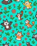 Whimsical Cat Floral Garden Teal Rug