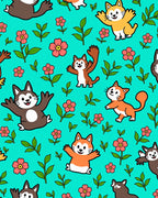 Whimsical Cat Floral Garden Teal Rug