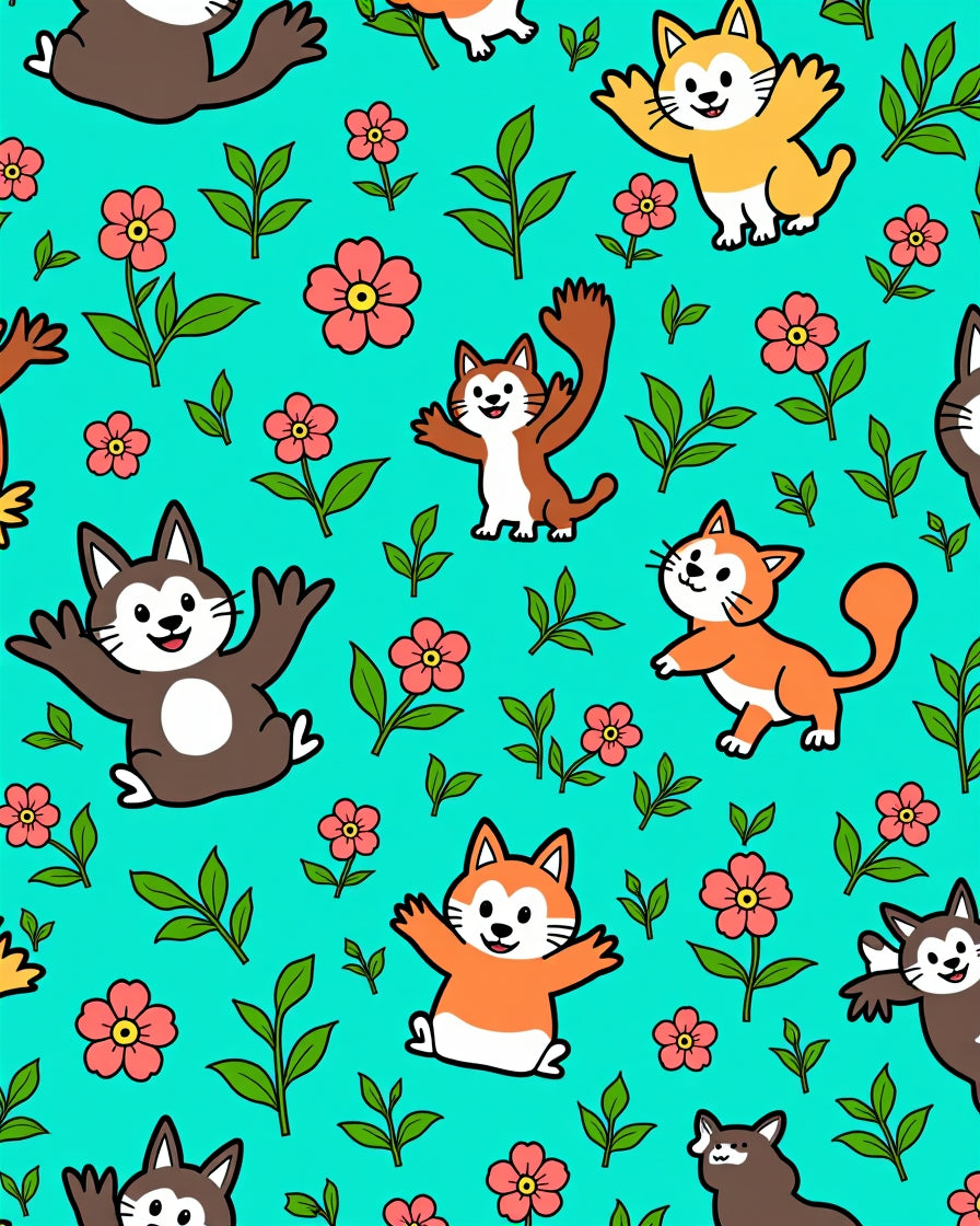 Whimsical Cat Floral Garden Teal Rug