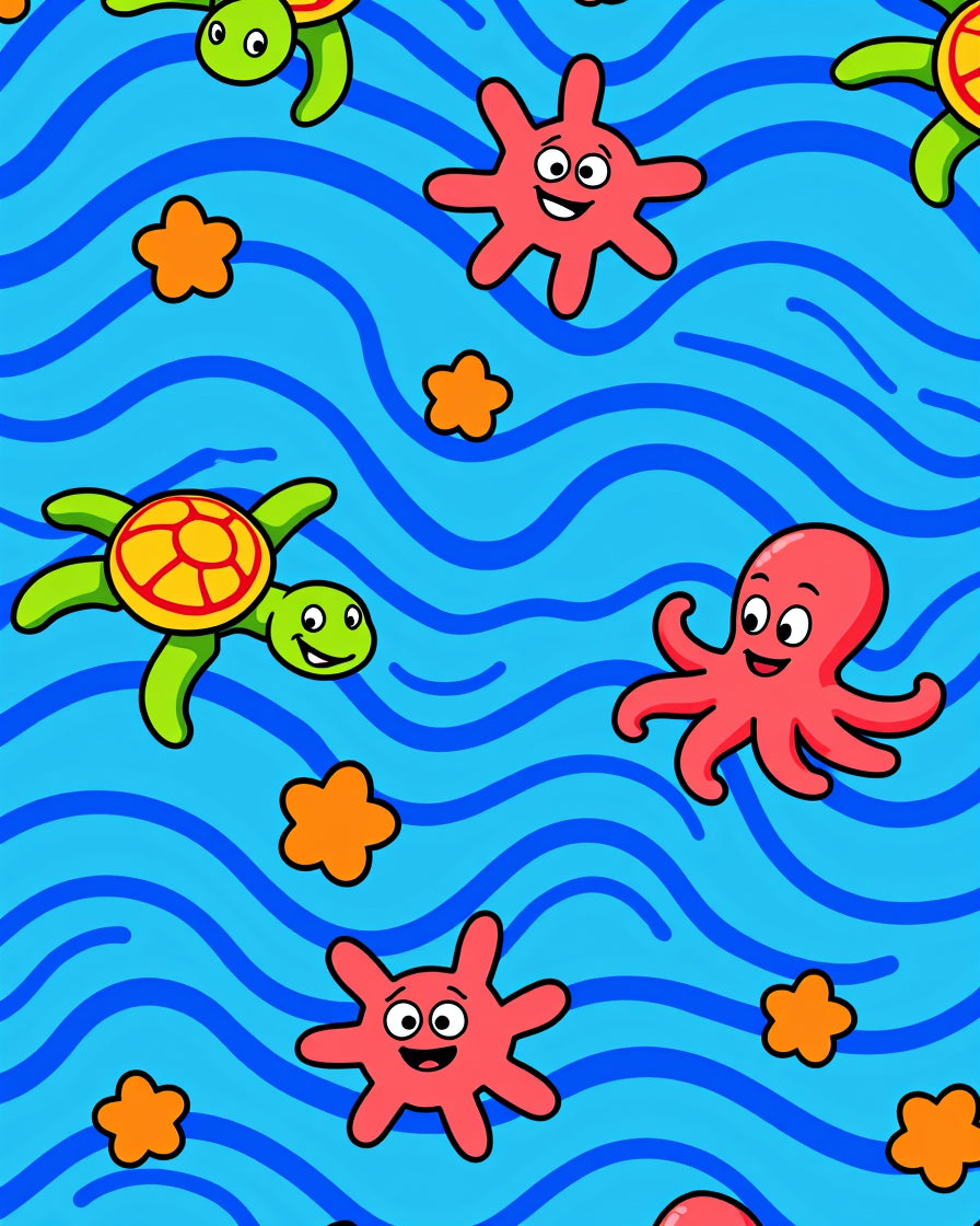Playful Sea Creatures Ocean Waves Rug