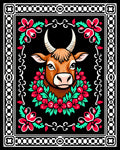 Brown Bull Floral Wreath Border Rug