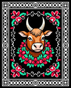 Brown Bull Floral Wreath Border Rug