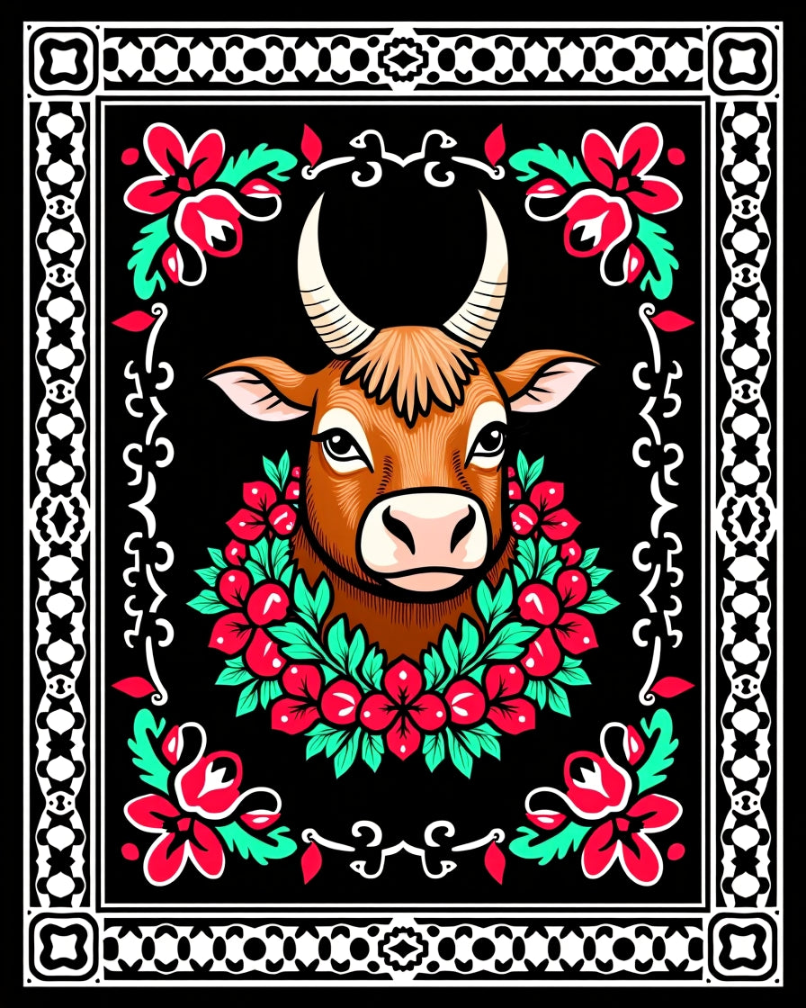 Brown Bull Floral Wreath Border Rug