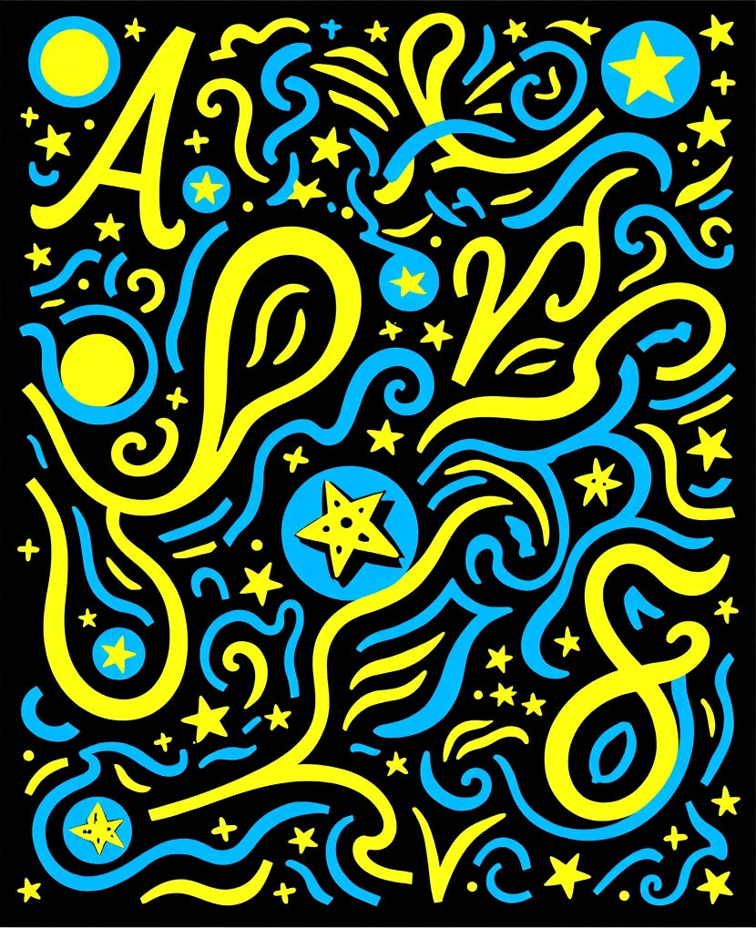 Whimsical Yellow Blue Starry Swirls Rug