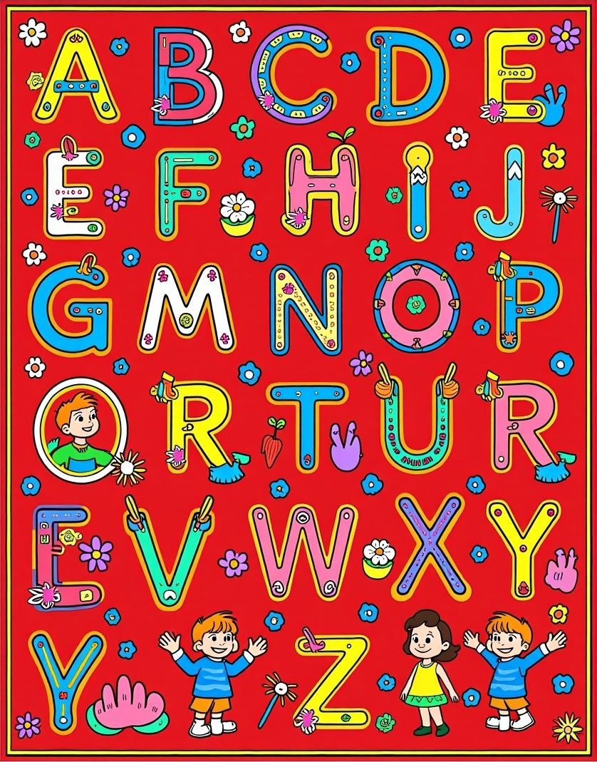 Bright Alphabet Characters Floral Border Rug