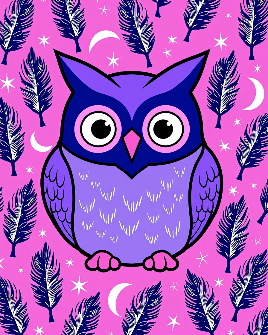 Whimsical Purple Owl Feather Night Rug