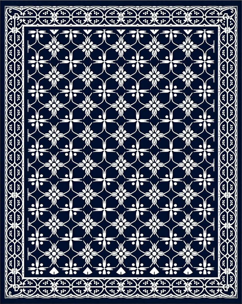 Navy White Floral Lattice Border Rug