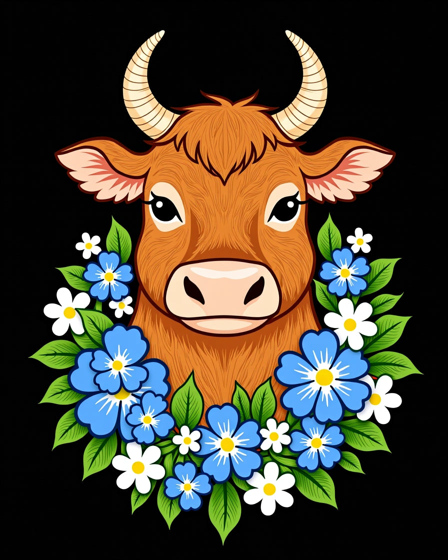 Brown Cow with Blue and White Flowers Rug