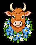 Brown Cow with Blue and White Flowers Rug