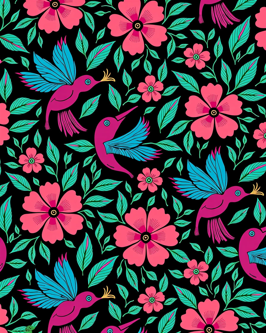 Vibrant Pink Floral Hummingbird Garden Rug