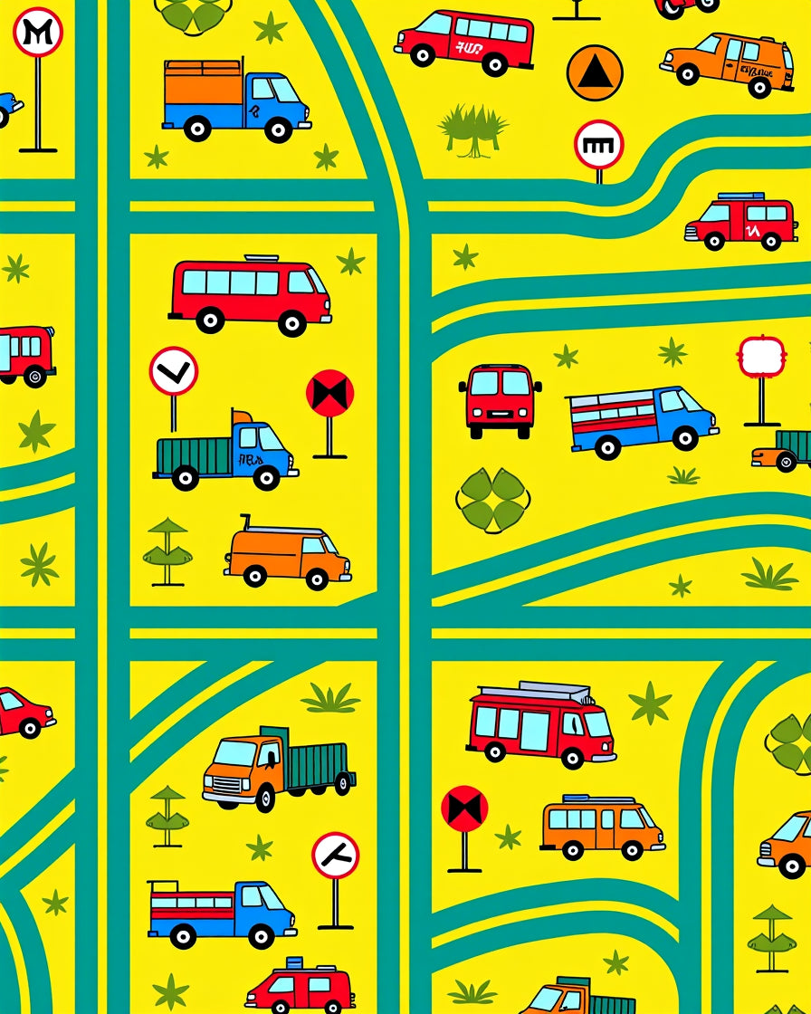 Bright Yellow Cartoon Vehicle Road Map Rug