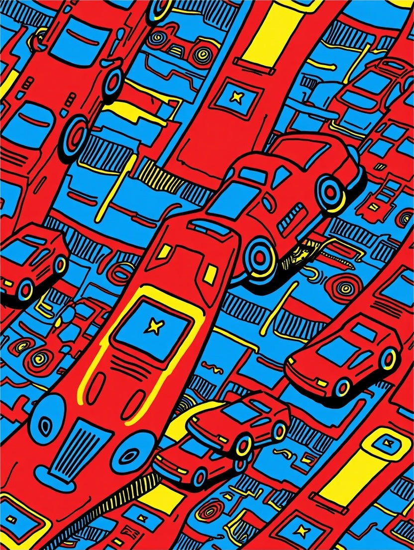 Red Blue Yellow Cars Collage Rug