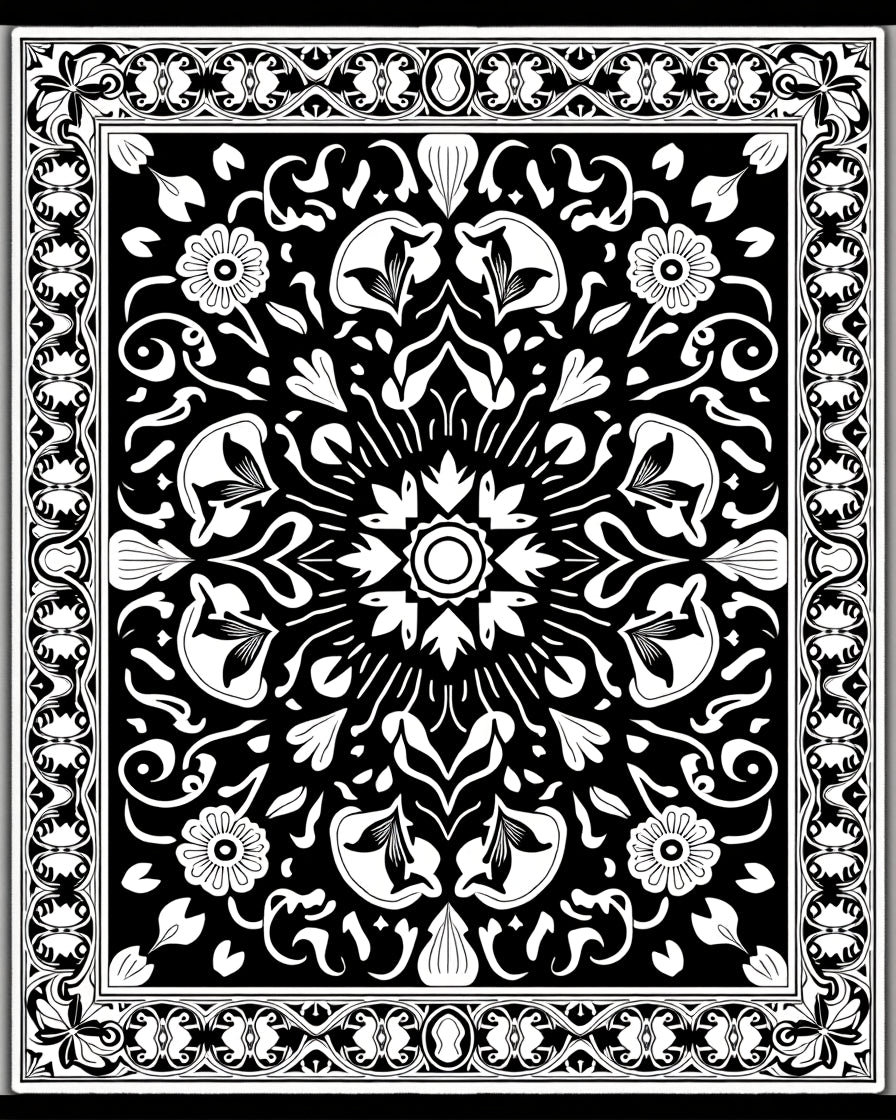 Noir White Botanical Border Garland Rug
