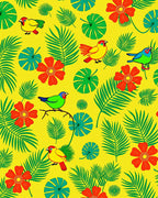 Tropical Birds Red Flower Foliage Rug