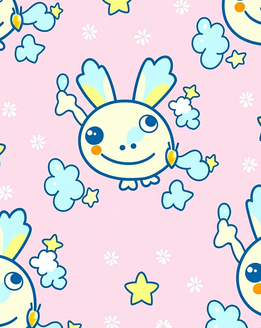 Kitsch Bunny Clouds Stars Pink Background Rug
