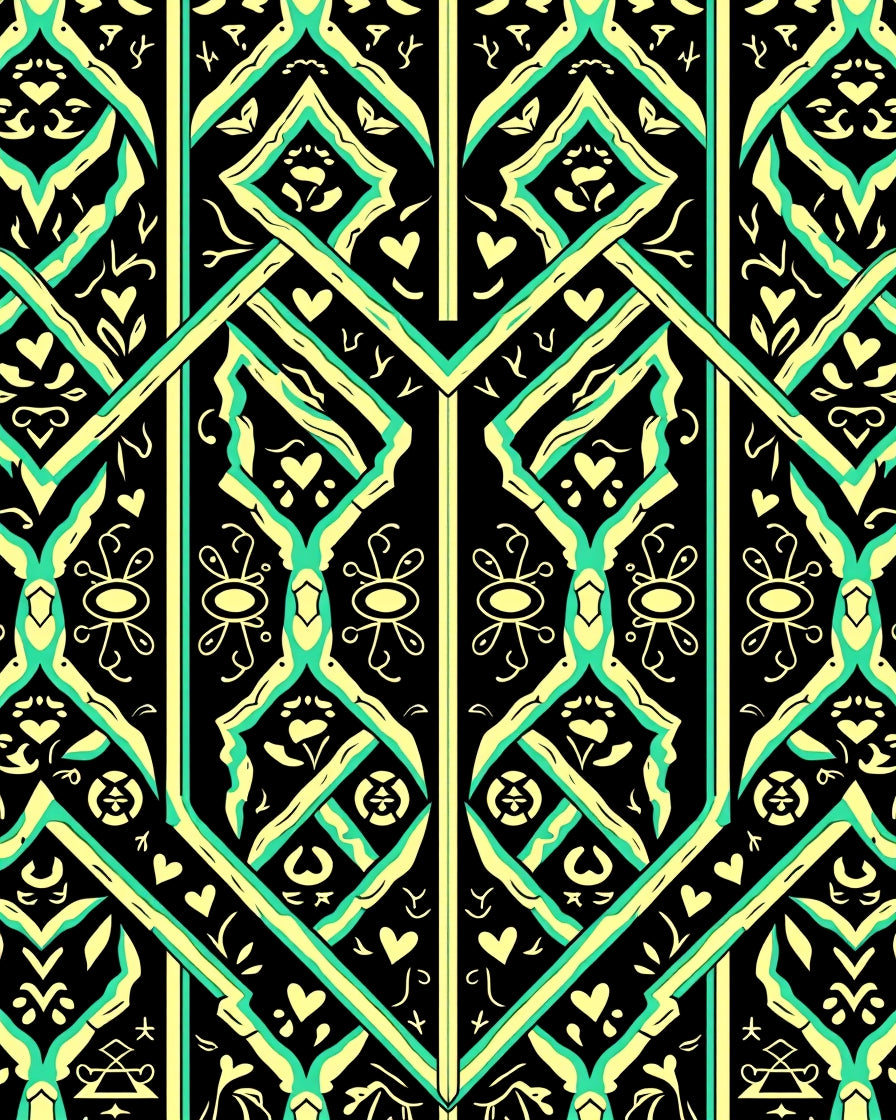 Black Teal Yellow Geometric Lattice Medallion Rug