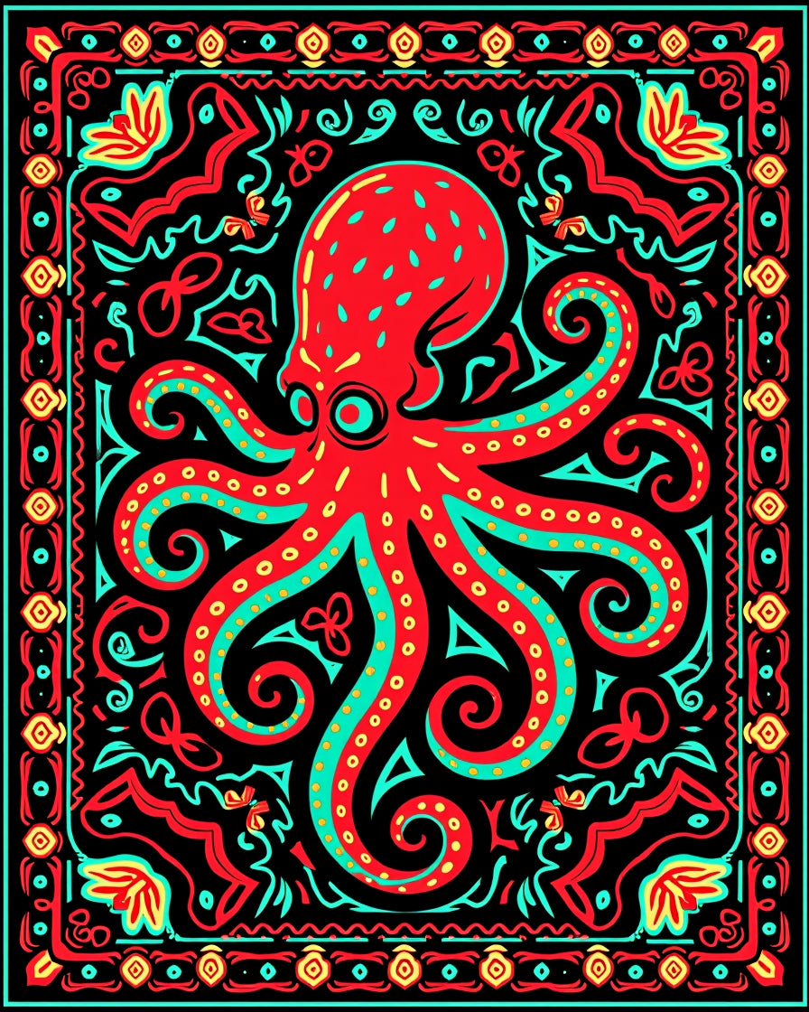 Bold Red Octopus Tribal Border Rug