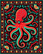 Bold Red Octopus Tribal Border Rug