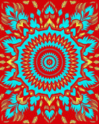 Vibrant Red Cyan Feathered Medallion Rug