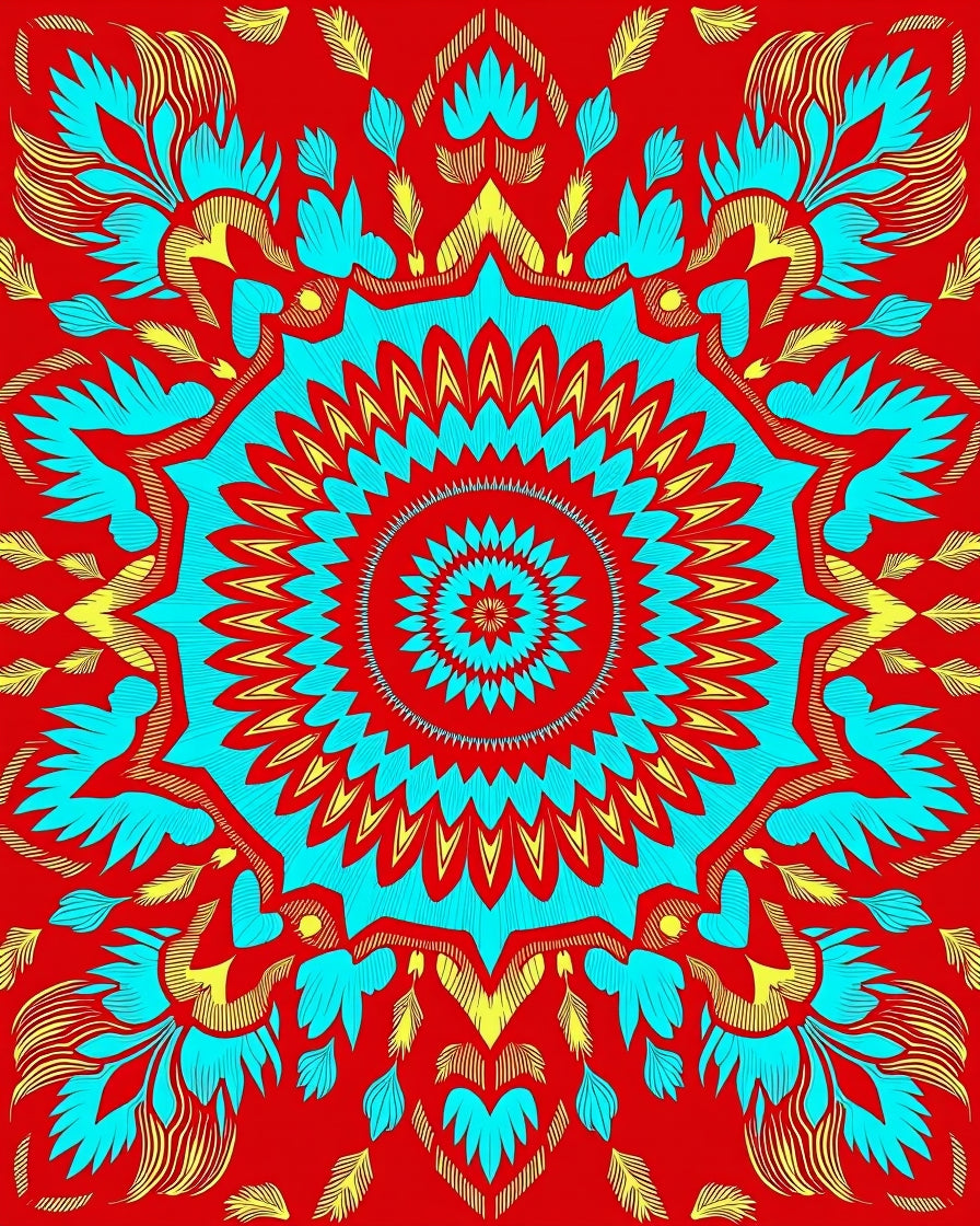 Vibrant Red Cyan Feathered Medallion Rug