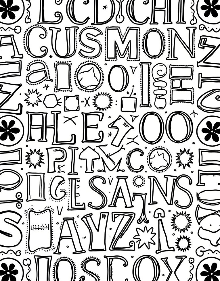 Black White Hand Drawn Alphabet Collage Rug