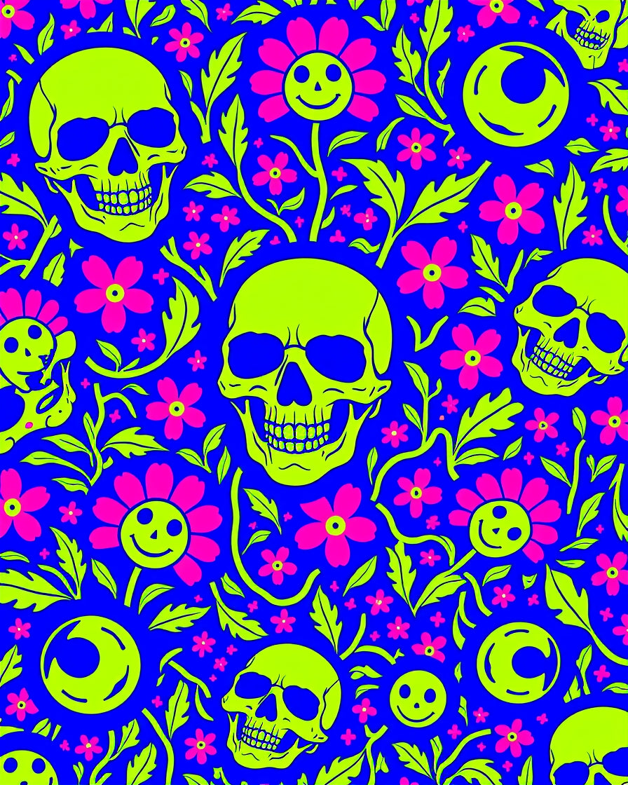 Neon Skulls Pink Flowers Blue Background Rug