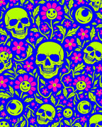 Neon Skulls Pink Flowers Blue Background Rug