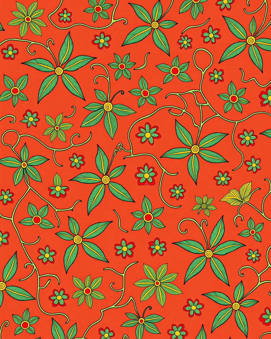 Vibrant Orange Green Floral Vine Rug