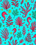 Coral Seahorse Aqua Botanical Rug