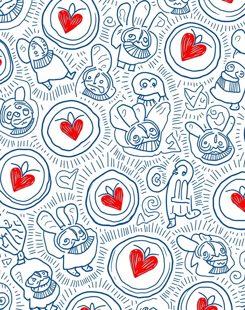 Whimsical Blue Heart Bunny Collage Rug