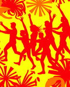 Vibrant Red Figures Sunburst Yellow Rug