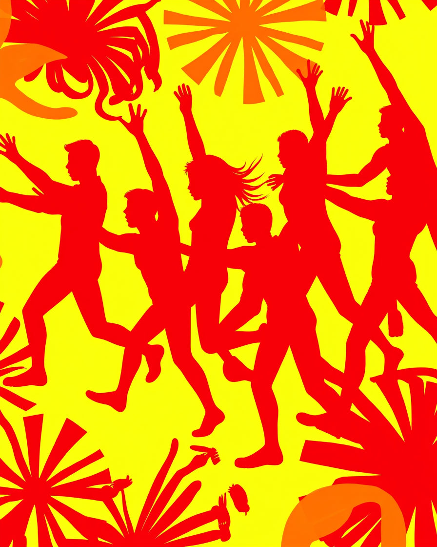 Vibrant Red Figures Sunburst Yellow Rug