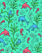 Playful Pink Blue Dolphin Seahorse Swirls Rug