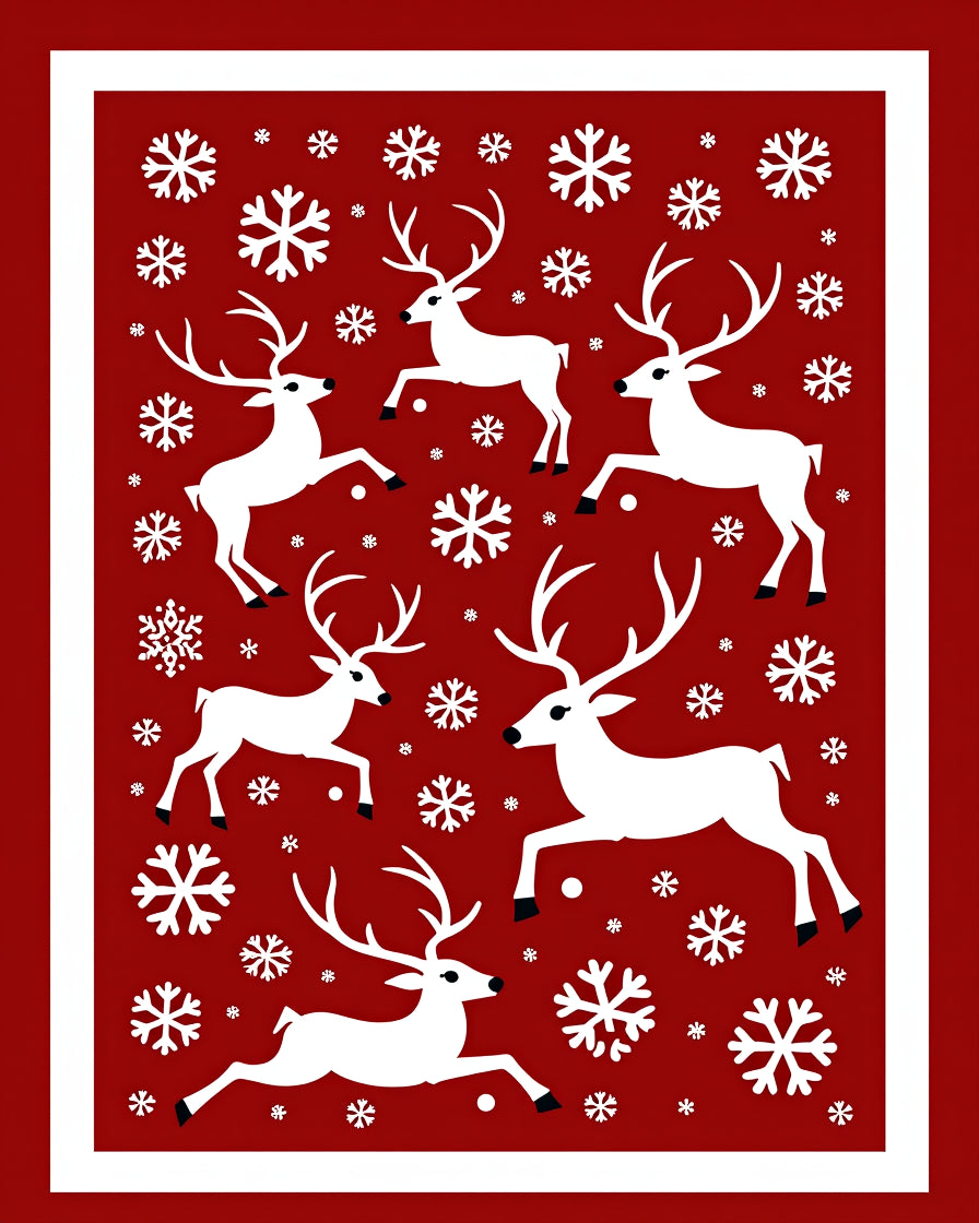 Red White Reindeer Snowflake Festive Scene Rug