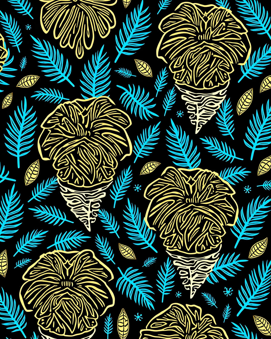 Tropical Yellow Floral Turquoise Fern Black Rug