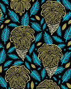 Tropical Yellow Floral Turquoise Fern Black Rug