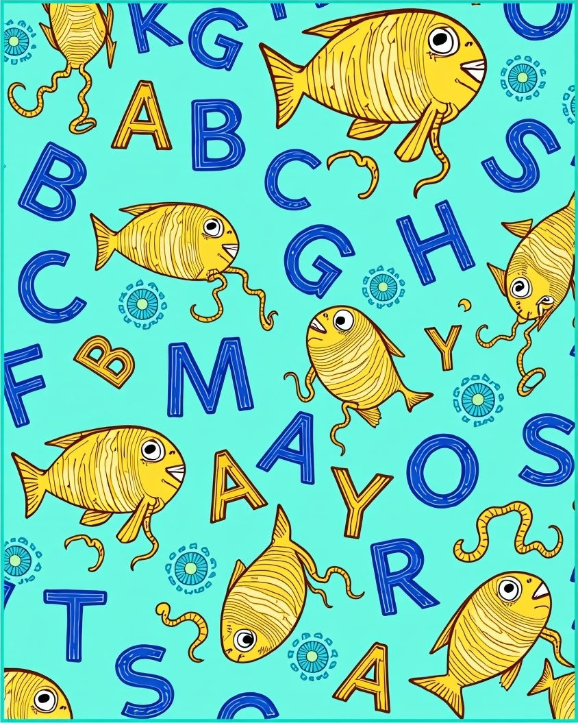 Yellow Whimsical Fish Alphabet Aqua Rug