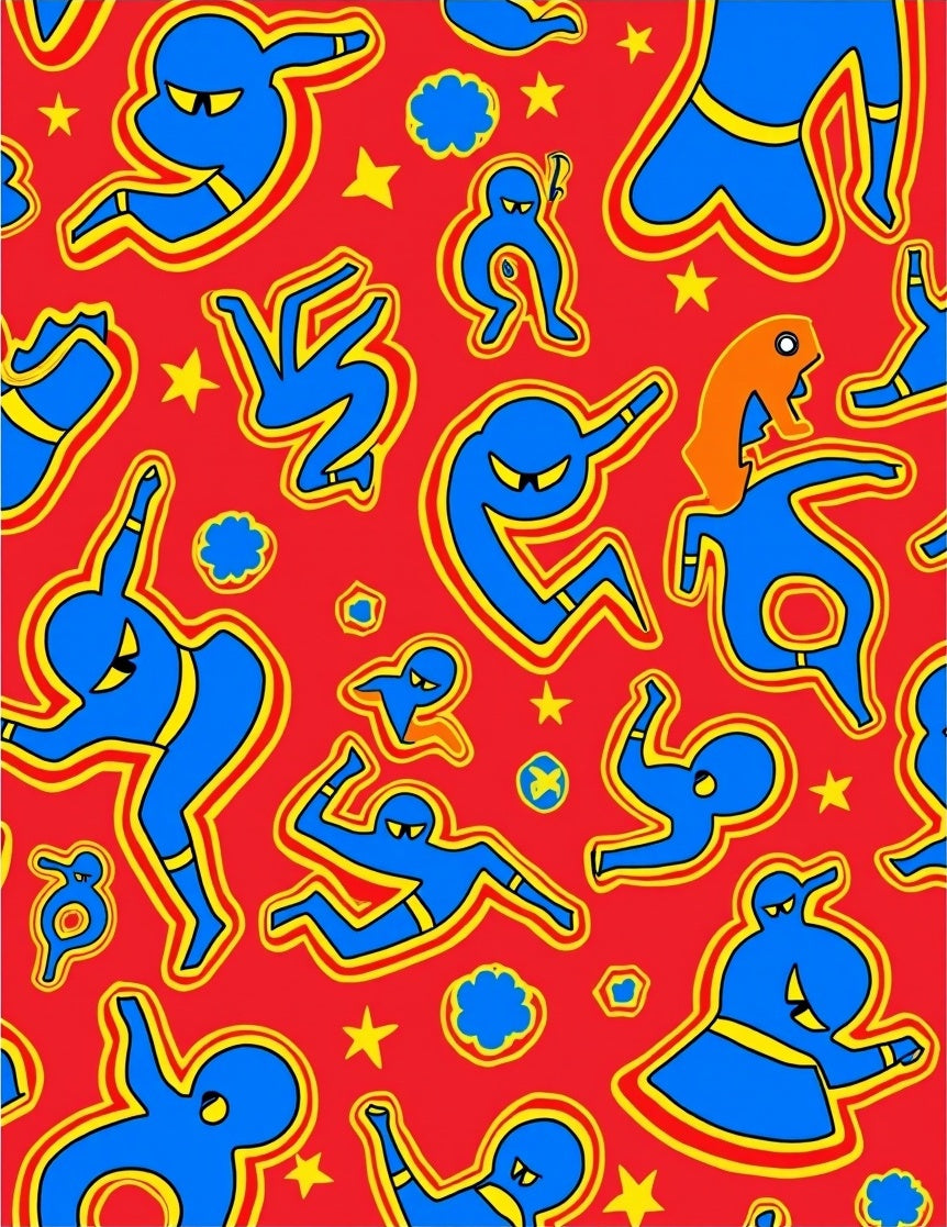 Red Blue Yellow Bold Figures Rug