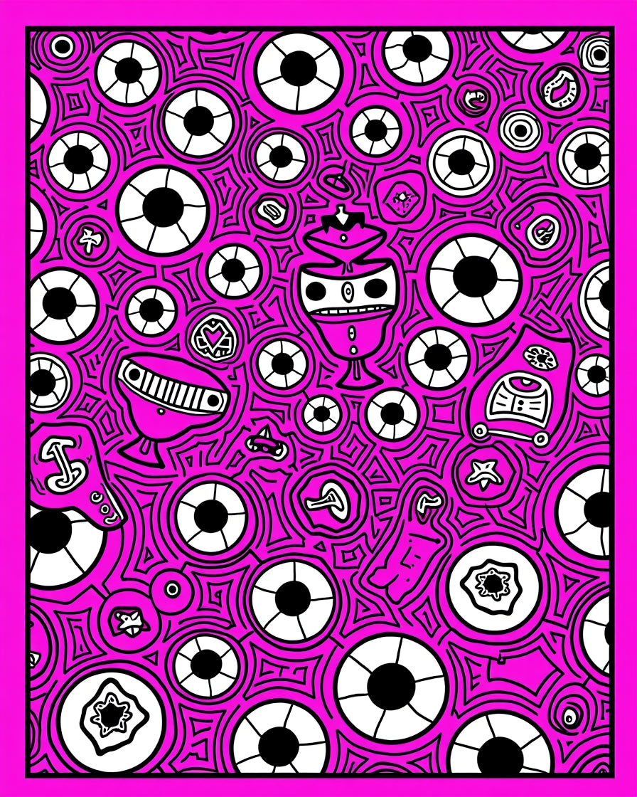 Vibrant Pink Surreal Creatures Abstract Rug