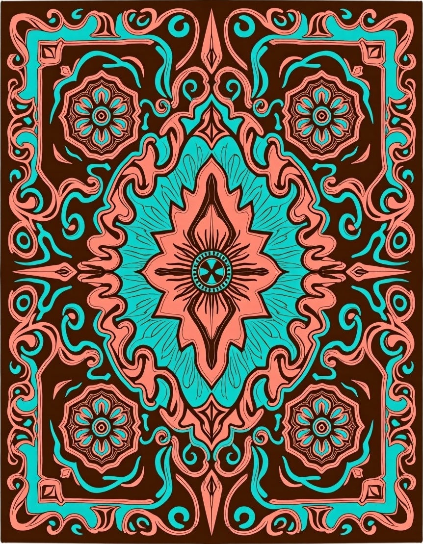 Coral Teal Floral Symmetry Rug