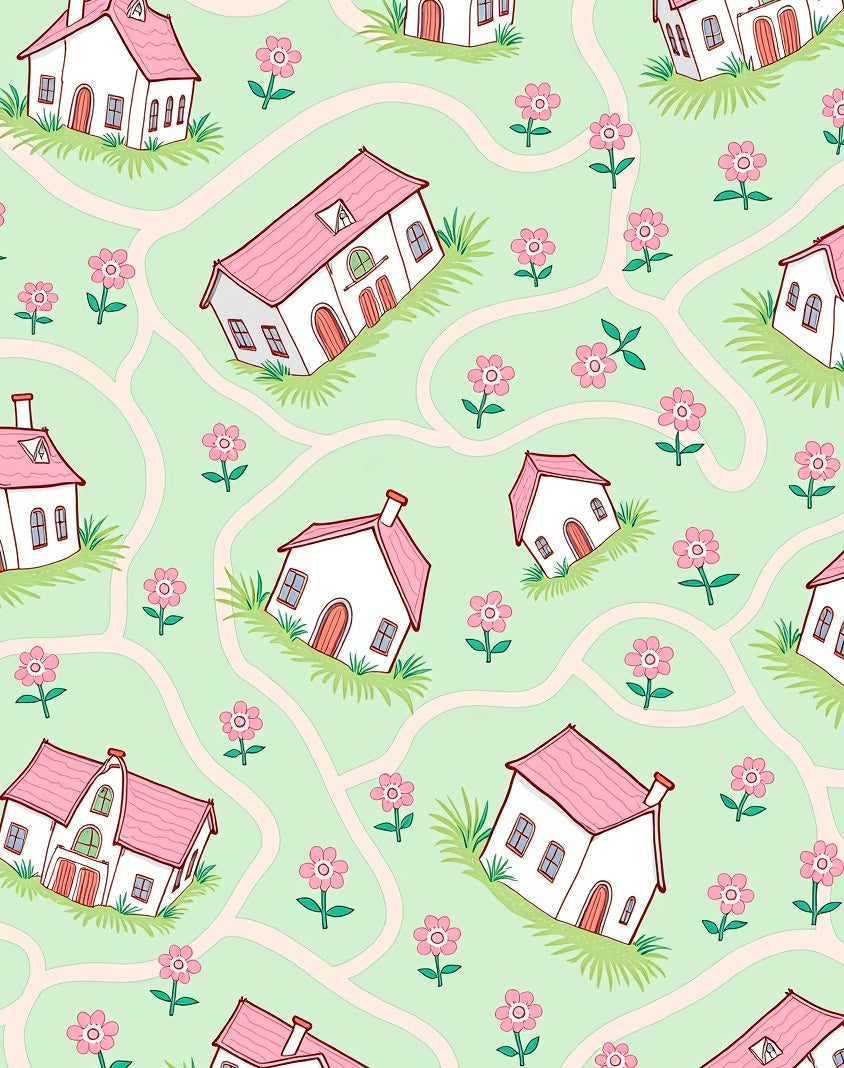 Whimsical Pink Rooftop Houses Floral Ground Rug