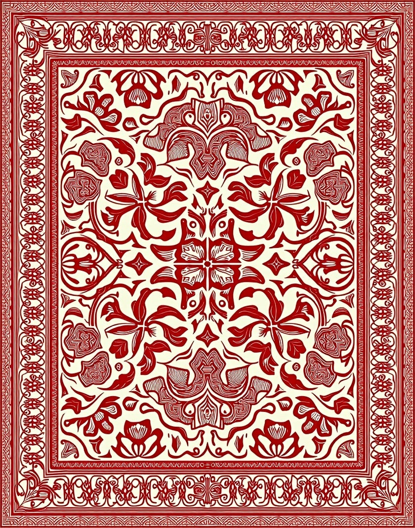 Crimson Vintage Floral Border Rug
